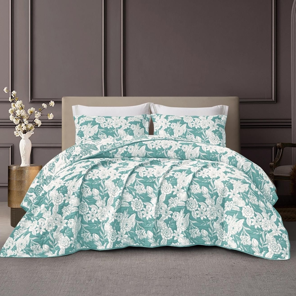 CHARLOTTE FLOWERS TURQUOISE COLOR DECORATIVE BEDSPREAD SET 3 PCA QUEEN SZIE